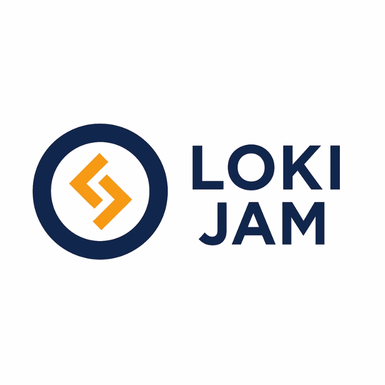 Logo di Loki-Jam, freccia arancione dentro un cerchio blu scuro
