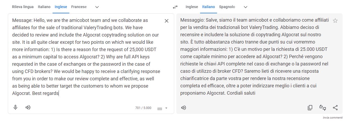 Messaggio originario nella recensione del bot Algocrat AI