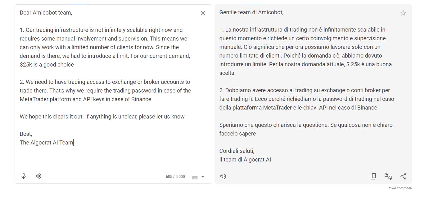 Rispsota nella recensione del bot Algocrat AI