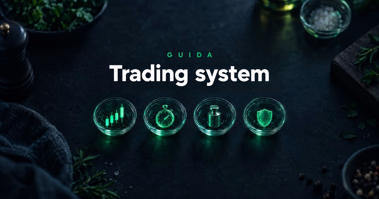 Copertina AmicoBot: quattro ciotole di vetro su un piano scuro con dentro una candela di prezzo, un cronometro, un peso e uno scudo, con la scritta Guida Trading system