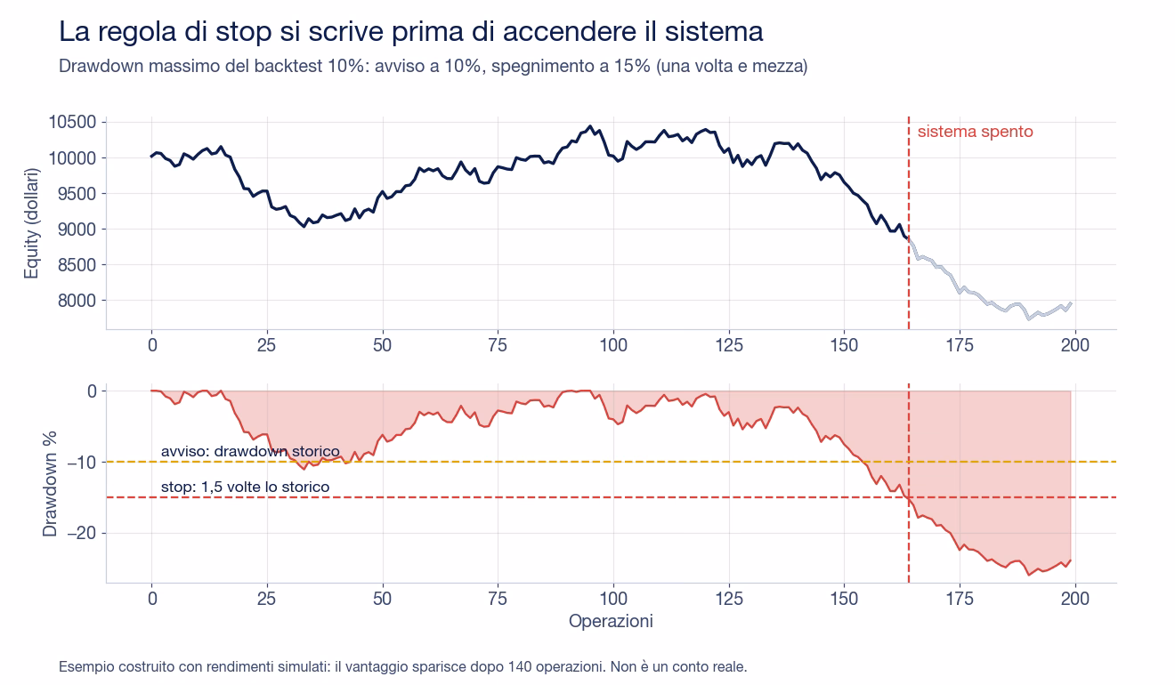 Grafico in due pannelli con equity e drawdown di un sistema simulato: il drawdown tocca il livello di avviso del 10% intorno all'operazione 30 e poi recupera, dopo l'operazione 140 il vantaggio sparisce e la regola spegne il sistema al 15% di drawdown all'operazione 164, mentre senza regola il drawdown arriva oltre il 25%