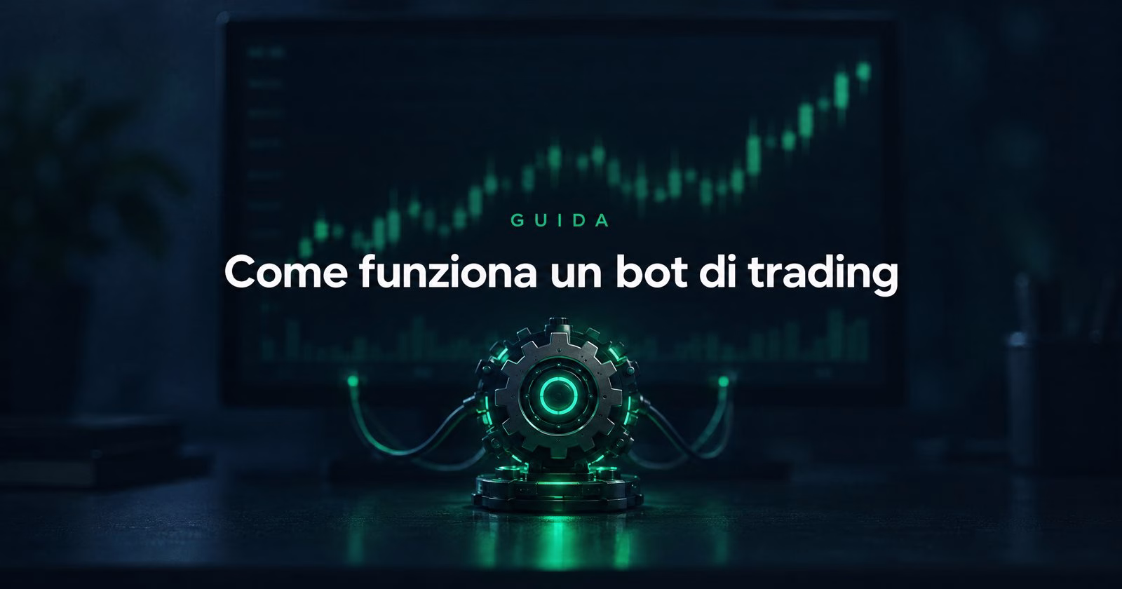 Copertina AmicoBot: un ingranaggio luminoso collegato con cavi a un monitor con candele verdi, con la scritta Guida Come funziona un bot di trading