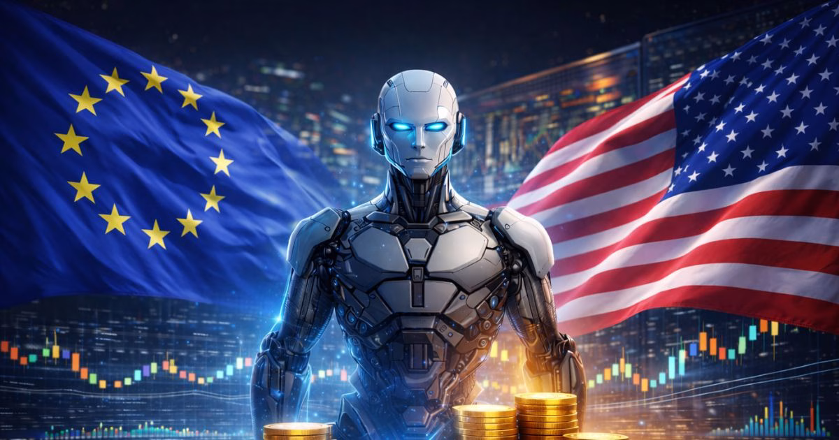 Robot umanoide tra la bandiera europea e quella americana con monete e grafici