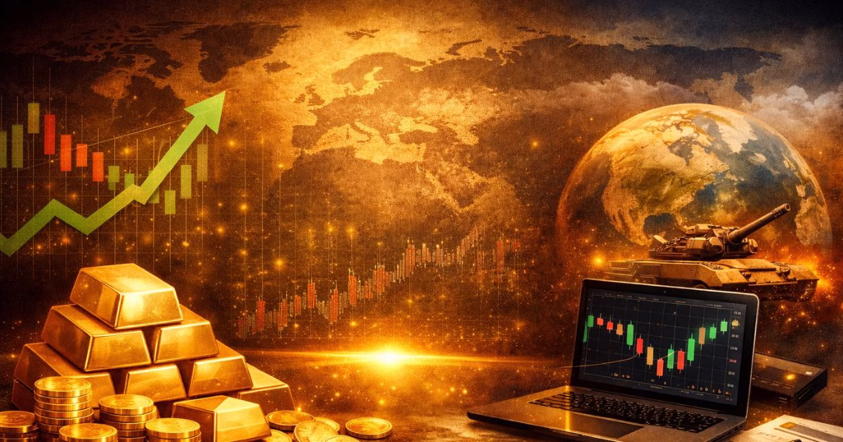Lingotti d'oro davanti a una mappa del mondo con un grafico in salita