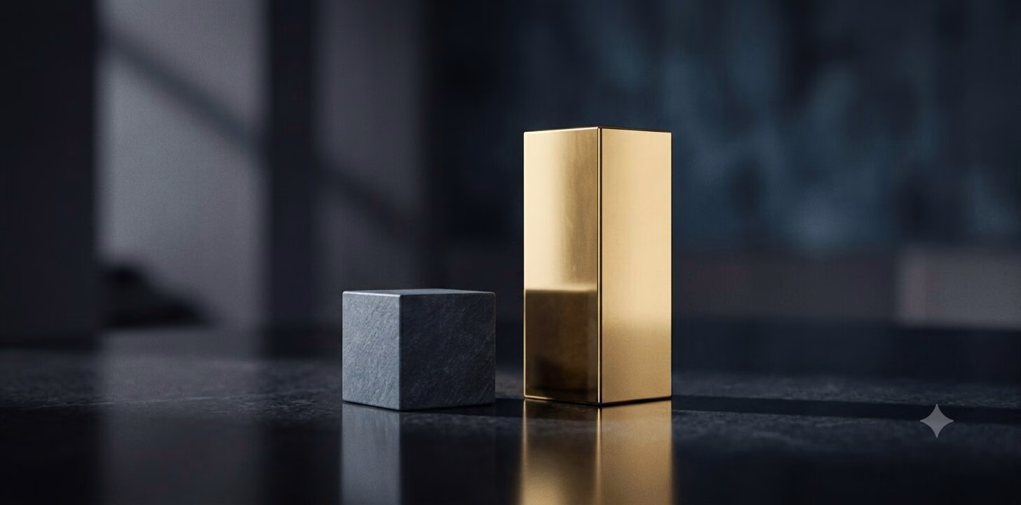 Cubo nero accanto a un blocco dorato piu alto, su fondo scuro