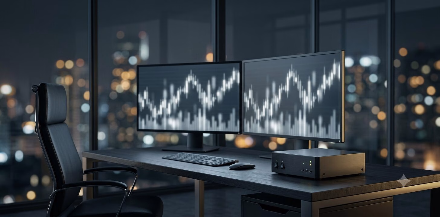 Postazione con due monitor accesi davanti a una vetrata sulla citta