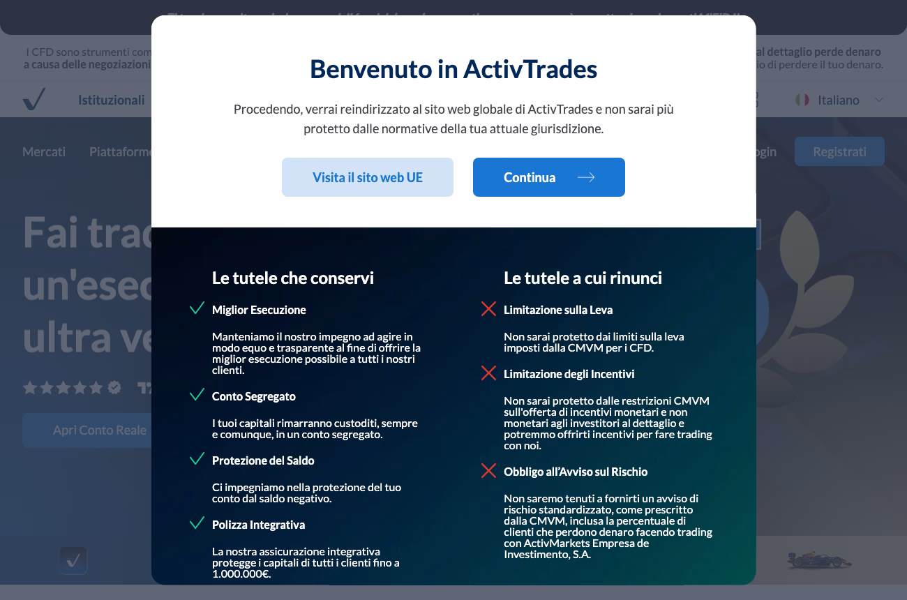 Riquadro Benvenuto in ActivTrades sul sito activtrades.com in italiano, con le tutele che si conservano e le tutele a cui si rinuncia proseguendo verso il sito globale