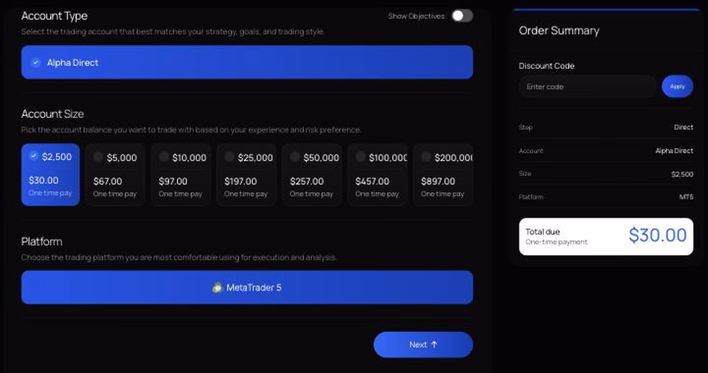 Schermata del configuratore di Alpha Capital con Alpha Direct selezionato, le sette taglie da 2.500 a 200.000 dollari con i prezzi da 30 a 897 dollari, la piattaforma MetaTrader 5 e il riepilogo dell'ordine con totale di 30 dollari
