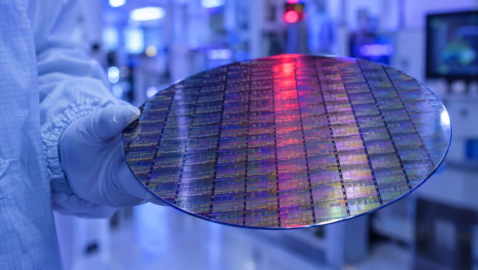 Wafer di silicio pieno di chip di memoria tenuto da una mano con il guanto in una camera bianca, con un riflesso rosso sulla superficie