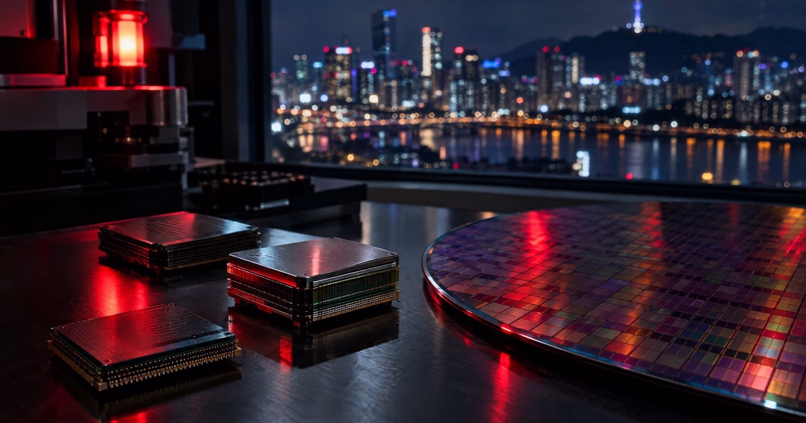 Chip di memoria e wafer di silicio su un banco da laboratorio con lo skyline notturno di Seul sullo sfondo