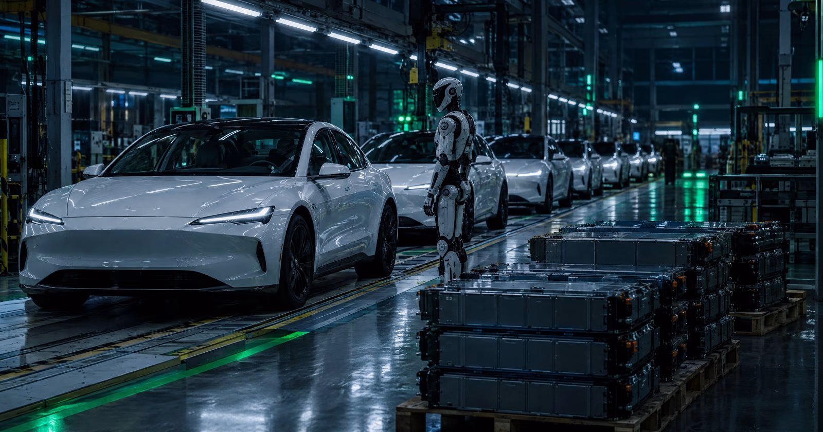 Linea di montaggio di auto elettriche bianche senza marchio, un robot umanoide accanto alla linea e pile di moduli batteria su pallet in primo piano