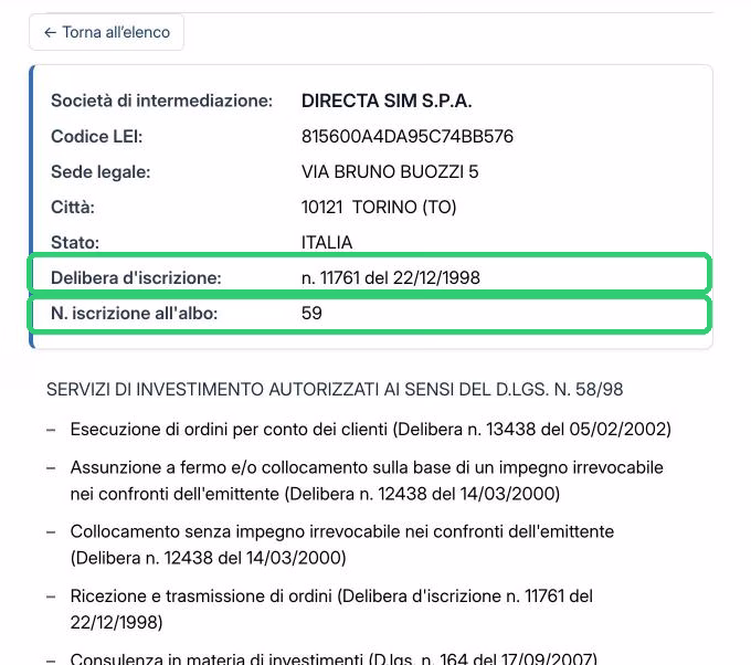 Scheda di Directa SIM nell'albo CONSOB delle SIM con delibera d'iscrizione n. 11761 del 22/12/1998 e numero di iscrizione 59 evidenziati