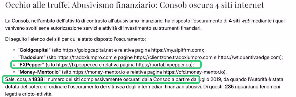 Comunicato CONSOB del 9 ottobre 2026 con l'oscuramento di quattro siti, fra cui FXPepper su fxpepper.eu, e il totale di 1.838 siti oscurati da luglio 2019