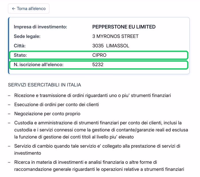 Scheda di Pepperstone EU Limited nell'elenco CONSOB delle imprese di investimento UE senza succursale in Italia, con Stato Cipro e numero di iscrizione 5232 evidenziati