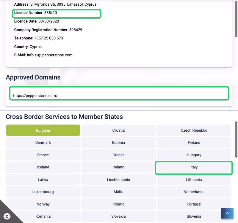 Registro CySEC di Pepperstone EU Limited con licenza 388/20, dominio approvato pepperstone.com e Italia fra i Paesi dei servizi transfrontalieri evidenziati