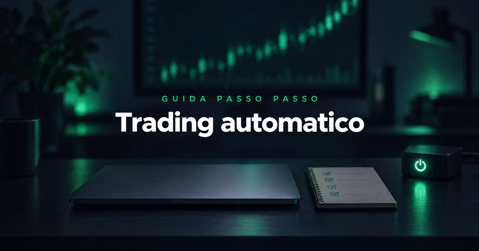 Copertina AmicoBot: scrivania scura con un portatile chiuso, un taccuino con quattro spunte verdi e un interruttore acceso, con la scritta Guida passo passo Trading automatico