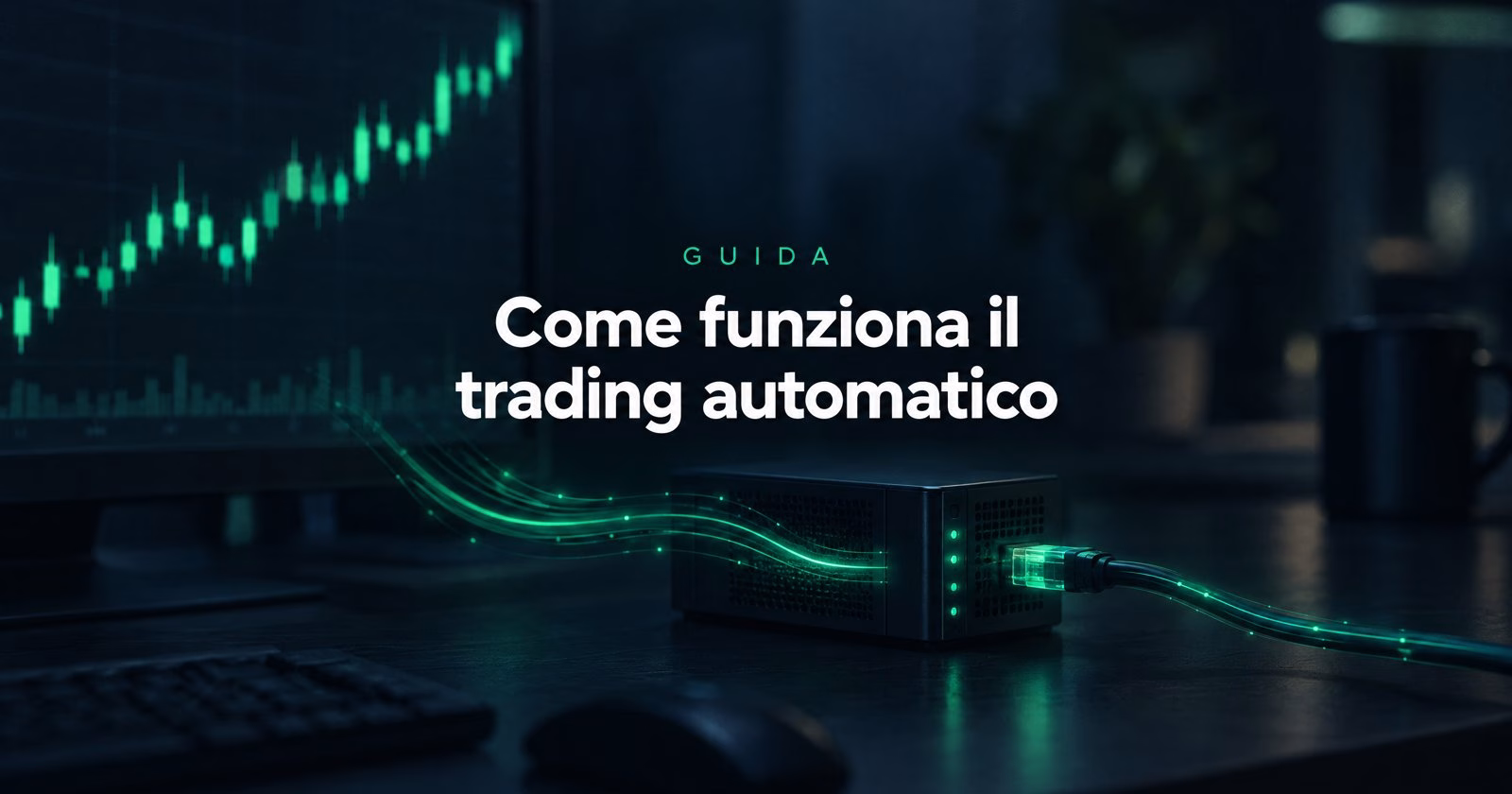 Copertina AmicoBot: un monitor con candele verdi collegato con fili luminosi a un piccolo server e a un cavo di rete, con la scritta Guida Come funziona il trading automatico