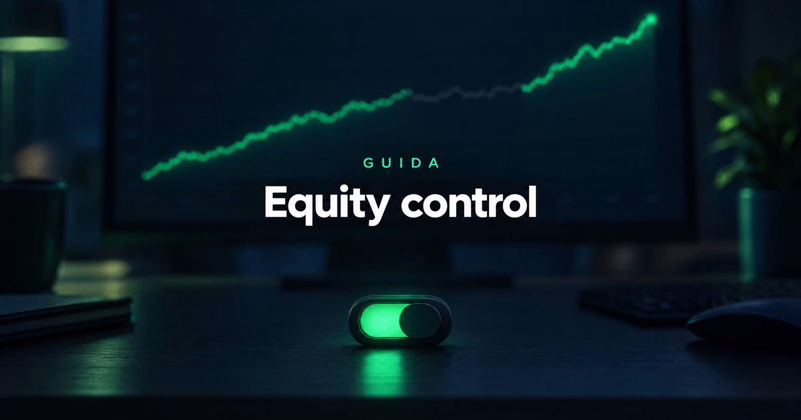 Copertina AmicoBot: monitor scuro con una curva di equity verde che si spegne in grigio per un tratto e un interruttore acceso sulla scrivania, con la scritta Guida Equity control