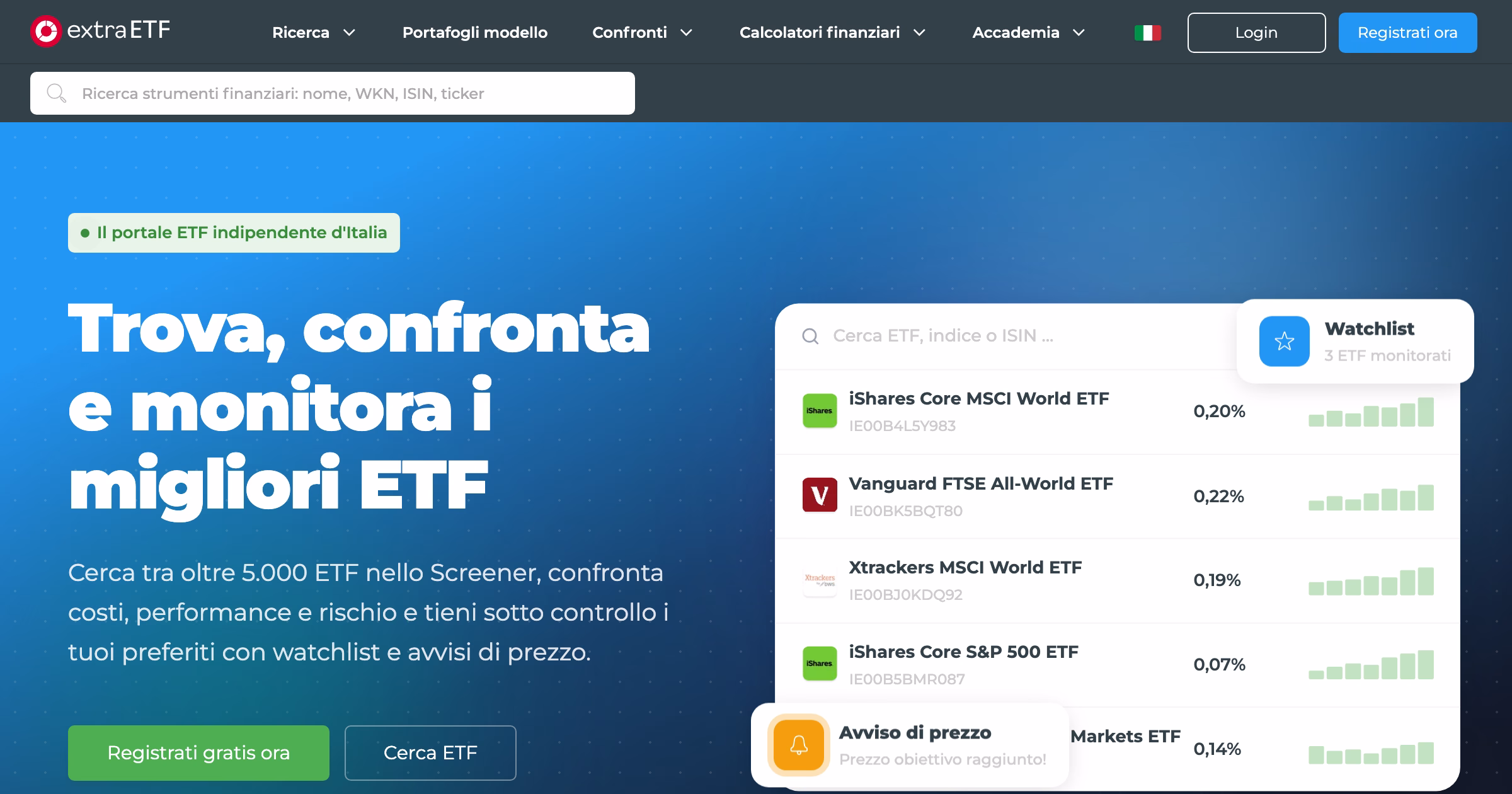 Home page italiana di extraETF letta il 4 ottobre 2026, con il titolo sul portale ETF indipendente, la barra di ricerca per nome, ISIN o ticker e il riquadro con cinque ETF di esempio, la watchlist e l'avviso di prezzo