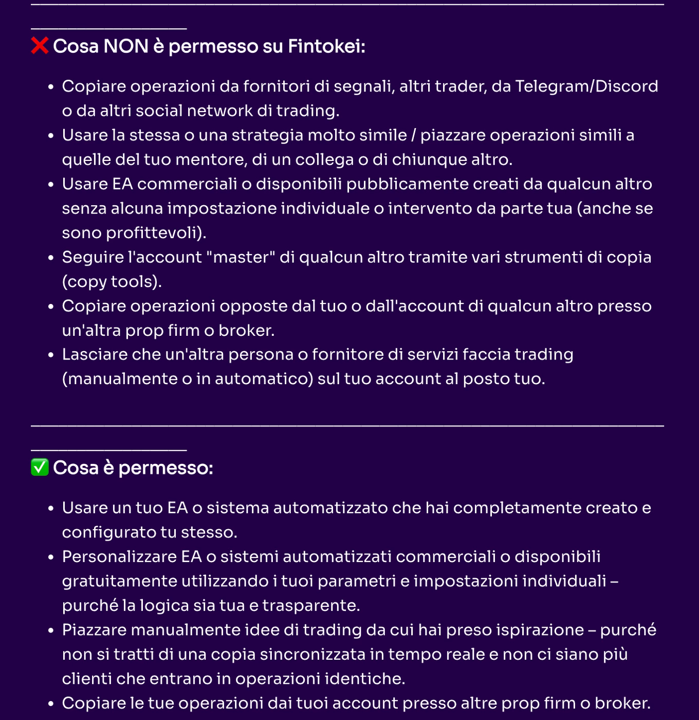 Schermata dell'help center Fintokei con l'elenco di cosa non &egrave; permesso e cosa &egrave; permesso su copy trading ed expert advisor