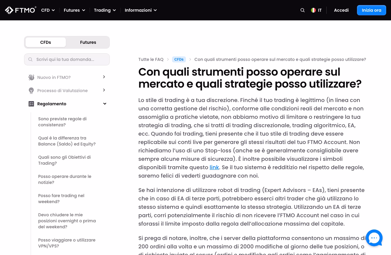 Schermata della FAQ ufficiale FTMO su strumenti e strategie: il paragrafo sugli EA di terze parti e il limite di allocazione massima del capitale