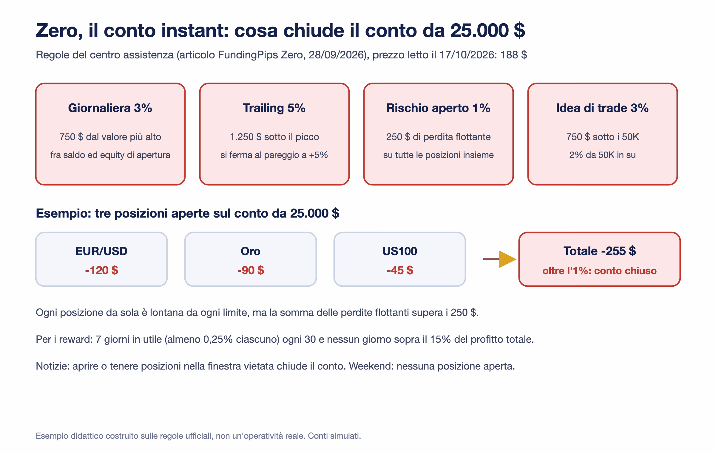 Regole del conto Zero di Funding Pips sul conto da 25.000 dollari: perdita giornaliera 3 per cento, trailing 5 per cento, rischio aperto 1 per cento, rischio per idea di trade 3 per cento, con un esempio di tre posizioni in perdita flottante che sommate superano i 250 dollari e chiudono il conto
