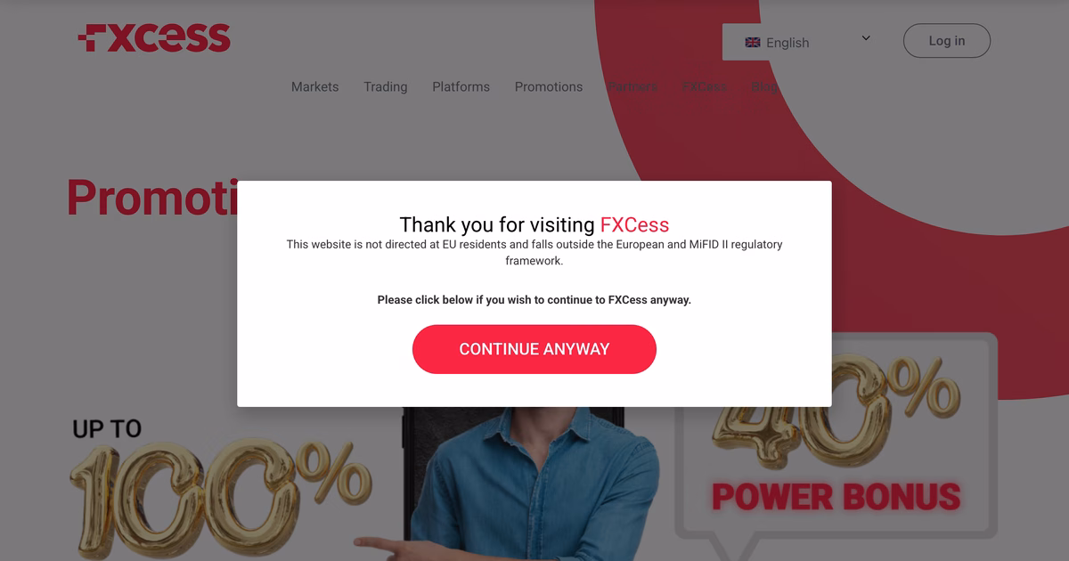 Pagina Promotions del sito FXCess con l'avviso che il sito non &egrave; rivolto ai residenti UE e resta fuori da MiFID II, sopra i banner del bonus 100% e del Power Bonus 40%