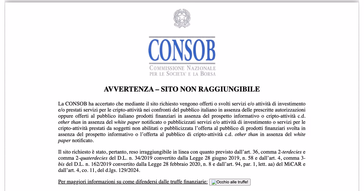 Pagina della CONSOB con il titolo Avvertenza, sito non raggiungibile, servita dai DNS italiani al posto di www.icmarkets.com il 29 settembre 2026