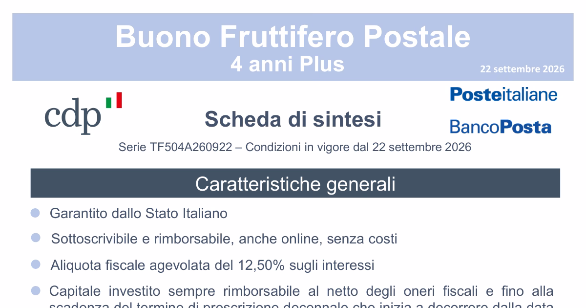 Scheda di sintesi del Buono Fruttifero Postale 4 anni Plus di CDP con la dicitura Garantito dallo Stato Italiano
