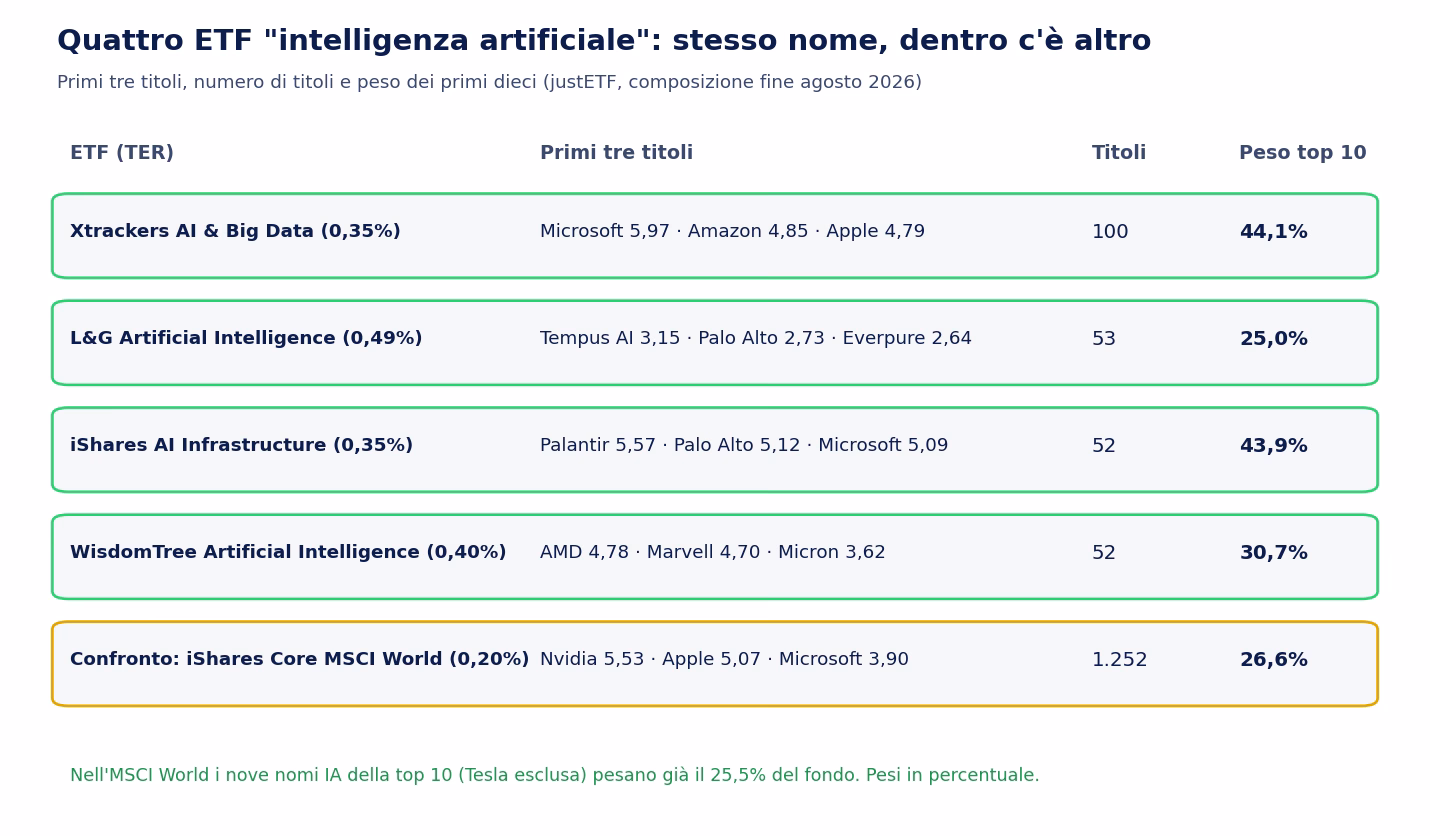 Tabella di quattro ETF sull'intelligenza artificiale a confronto: Xtrackers AI & Big Data (TER 0,35%, 100 titoli, primi tre Microsoft, Amazon, Apple, top 10 al 44,1%), L&G Artificial Intelligence (0,49%, 53 titoli, Tempus AI, Palo Alto, Everpure, top 10 al 25,0%), iShares AI Infrastructure (0,35%, 52 titoli, Palantir, Palo Alto, Microsoft, 43,9%), WisdomTree Artificial Intelligence (0,40%, 52 titoli, AMD, Marvell, Micron, 30,7%), e per confronto iShares Core MSCI World (0,20%, 1.252 titoli, Nvidia, Apple, Microsoft, 26,6%)