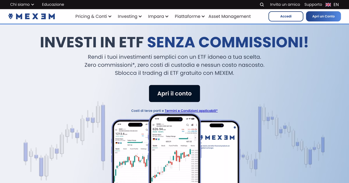 Home page italiana di MEXEM con il titolo Investi in ETF senza commissioni e l'asterisco che rimanda a costi di terze parti e termini applicabili