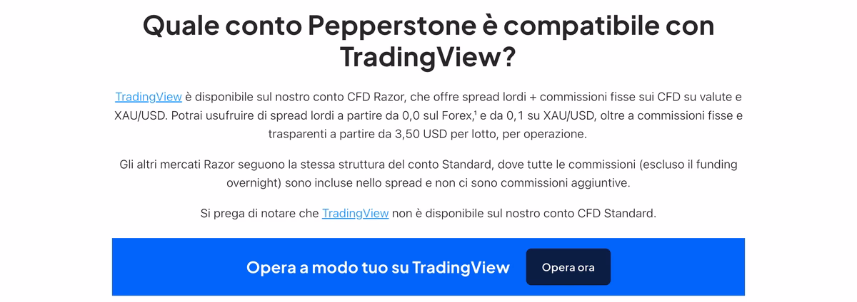 Pagina italiana di Pepperstone dedicata a TradingView: TradingView è disponibile sul conto CFD Razor con commissioni da 3,50 dollari per lotto per operazione e non è disponibile sul conto CFD Standard
