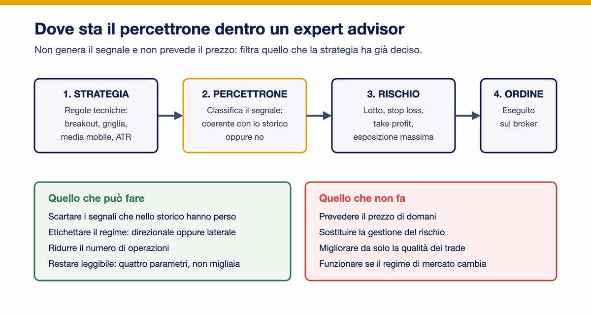 Schema di dove si colloca il percettrone dentro un expert advisor: strategia, filtro, gestione del rischio, ordine