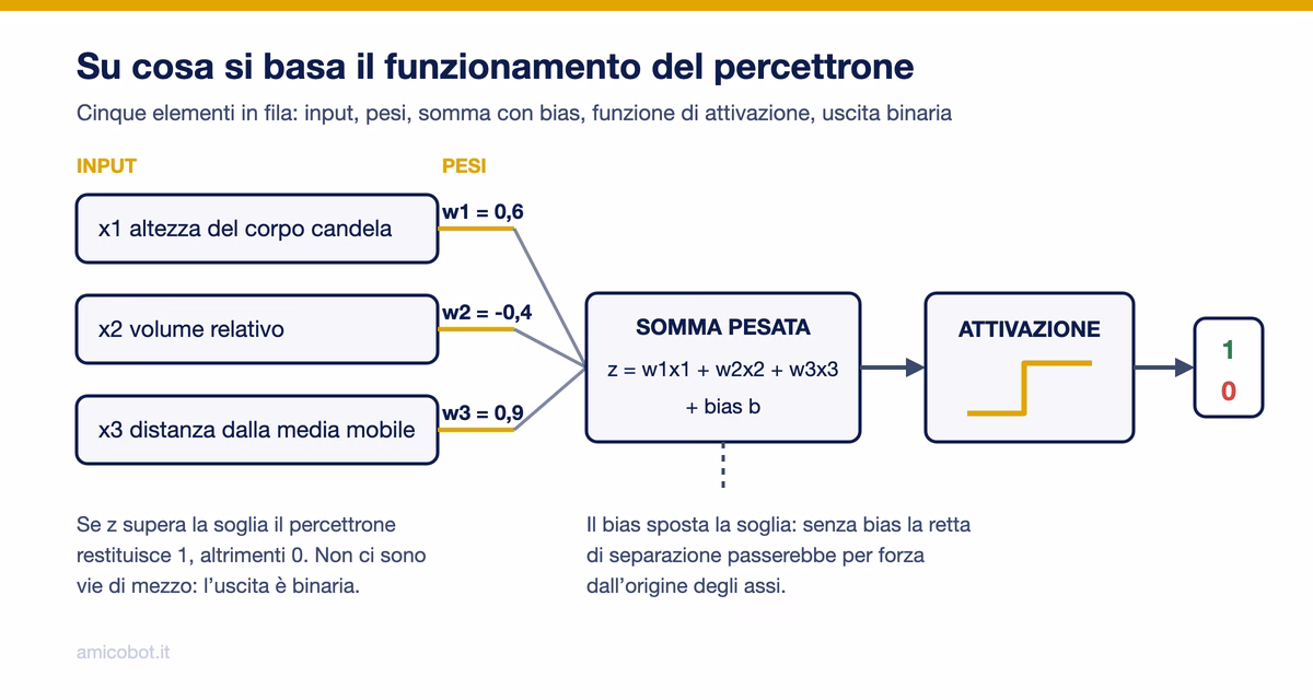 Mappa concettuale del funzionamento del percettrone: input, pesi, somma pesata con bias, funzione di attivazione e uscita binaria