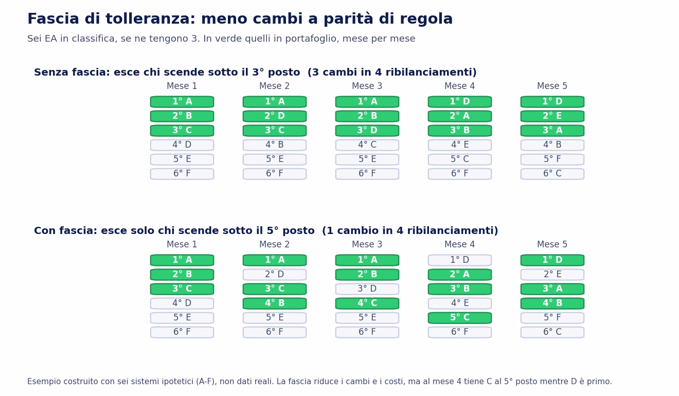 Esempio costruito con sei EA ipotetici in classifica per cinque mesi, se ne tengono tre: senza fascia di tolleranza escono quando scendono sotto il terzo posto e servono tre cambi in quattro ribilanciamenti; con la fascia escono solo sotto il quinto posto e basta un cambio, ma al quarto mese resta in portafoglio il quinto mentre il primo &egrave; fuori