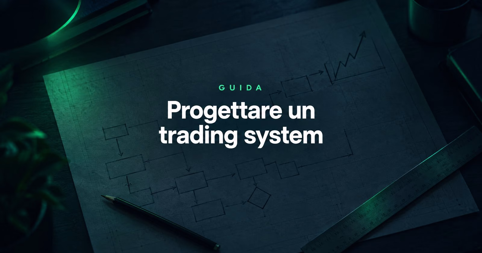 Copertina AmicoBot: un foglio da progettista su un tavolo scuro con un diagramma di blocchi e frecce che finisce in una linea che sale, una matita e un righello, con la scritta Guida Progettare un trading system