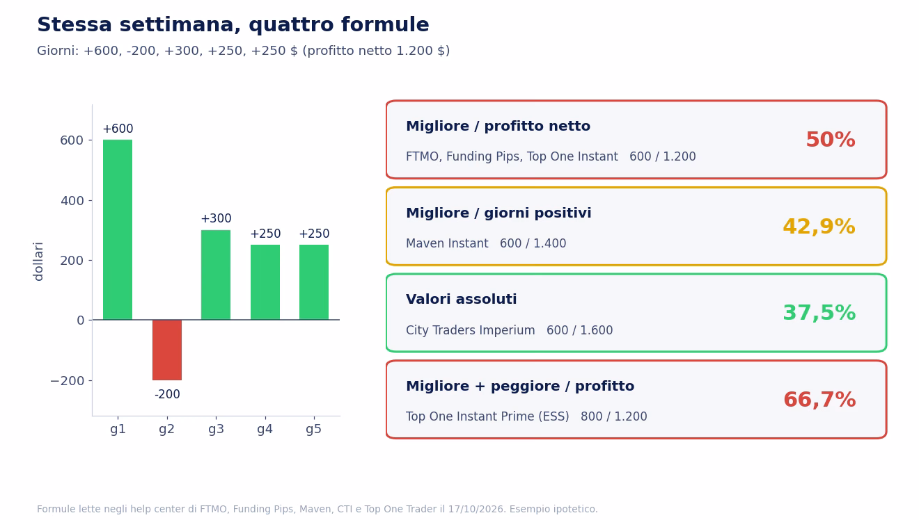 La stessa sequenza di cinque giorni (+600, -200, +300, +250, +250 dollari) calcolata con quattro formule di consistenza: 50% con FTMO e Funding Pips, 42,9% con Maven, 37,5% con CTI, 66,7% con l'ESS di Top One Prime