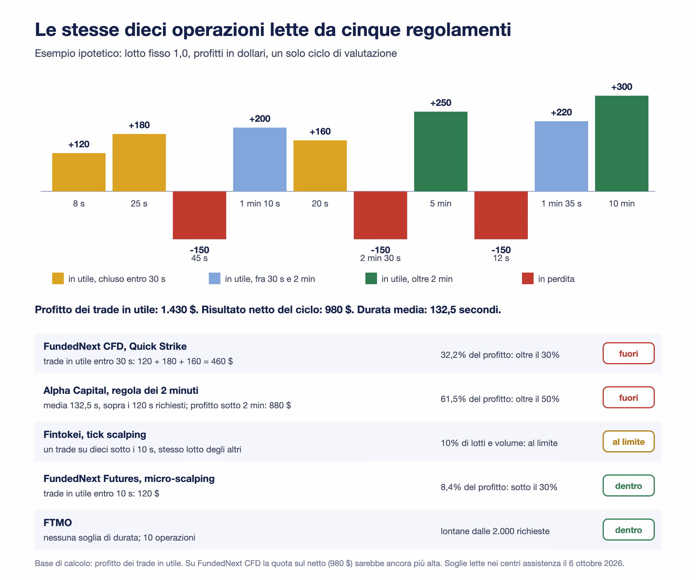 Dieci trade ipotetici con lotto fisso: profitti di 120, 180, 200, 160, 250, 220 e 300 dollari e tre perdite da 150, durate da 8 secondi a 10 minuti. Per FundedNext CFD il 32,2% del profitto viene da trade entro 30 secondi ed &egrave; fuori; per Alpha Capital la durata media &egrave; 132,5 secondi ma il 61,5% del profitto viene da trade sotto i 2 minuti ed &egrave; fuori; Fintokei al limite del 10%; FundedNext Futures all'8,4% e FTMO dentro