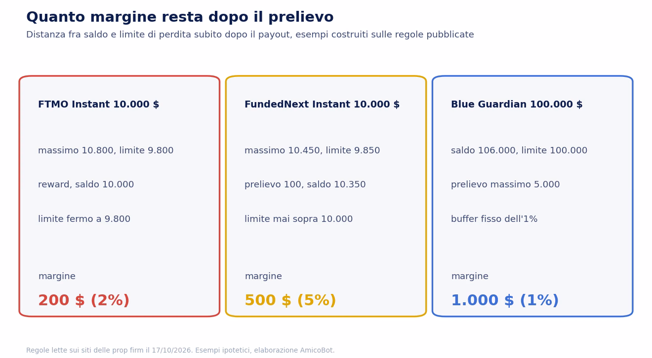 Margine rimasto dopo il prelievo su tre conti instant: FTMO 10.000 con limite fermo a 9.800 e 200 dollari pari al 2 per cento, FundedNext 10.000 con 500 dollari pari al 5 per cento, Blue Guardian 100.000 con 1.000 dollari pari all'1 per cento