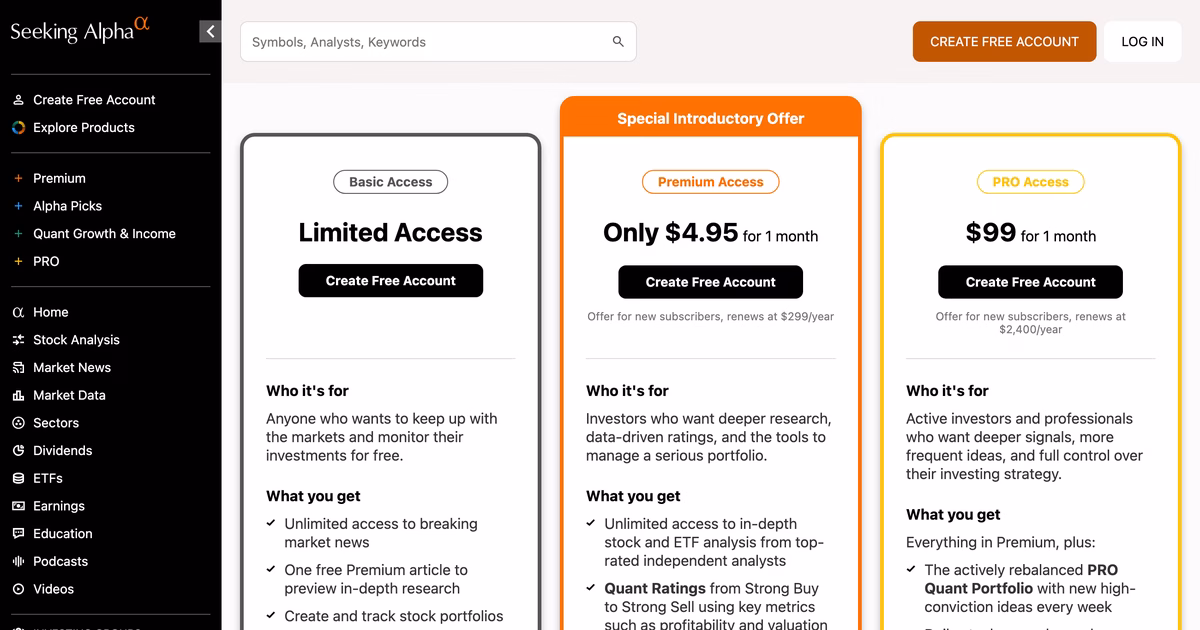 Pagina degli abbonamenti di Seeking Alpha letta il 5 ottobre 2026, con i tre piani Basic, Premium a 4,95 dollari il primo mese e rinnovo a 299 dollari l'anno, PRO a 99 dollari il primo mese e rinnovo a 2.400 dollari l'anno