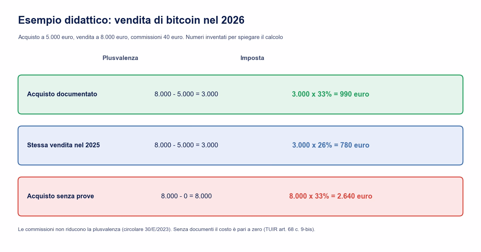 Esempio didattico di calcolo delle tasse sulle criptovalute: plusvalenza di 3.000 euro tassata 990 euro al 33% nel 2026 e 780 euro al 26% nel 2025; senza documenti la plusvalenza diventa 8.000 euro e l'imposta 2.640 euro
