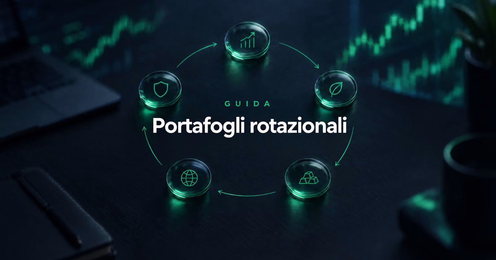 Copertina AmicoBot: cinque gettoni di vetro disposti in cerchio e collegati da frecce su una scrivania scura, con la scritta Guida Portafogli rotazionali