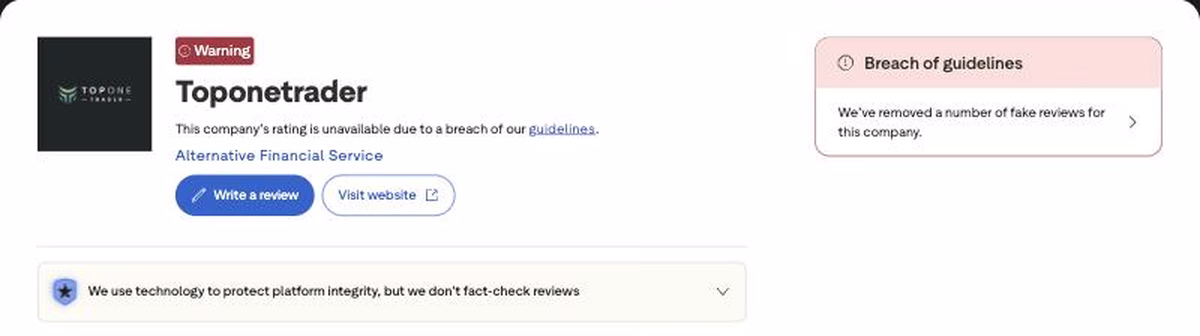 Profilo Trustpilot di Top One Trader il 13 ottobre 2026 con l'avviso Warning, il punteggio non disponibile per violazione delle linee guida e il riquadro sulle recensioni false rimosse
