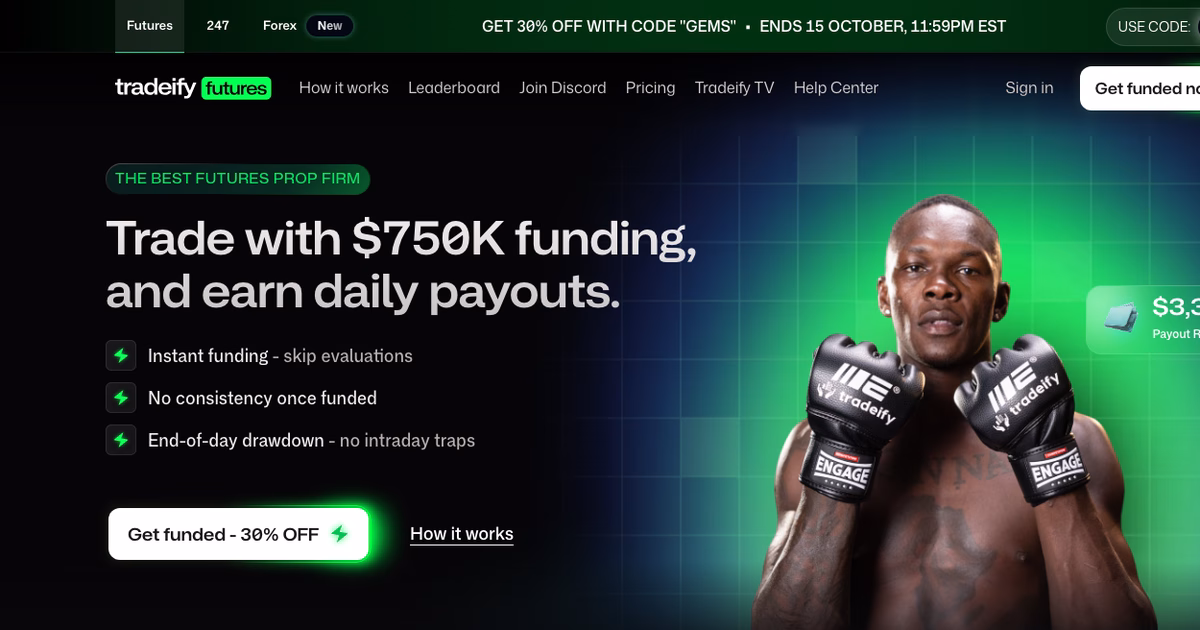 Home page di Tradeify Futures con il titolo Trade with 750K funding and earn daily payouts e le tre promesse instant funding, nessuna consistency nel funded e drawdown di fine giornata