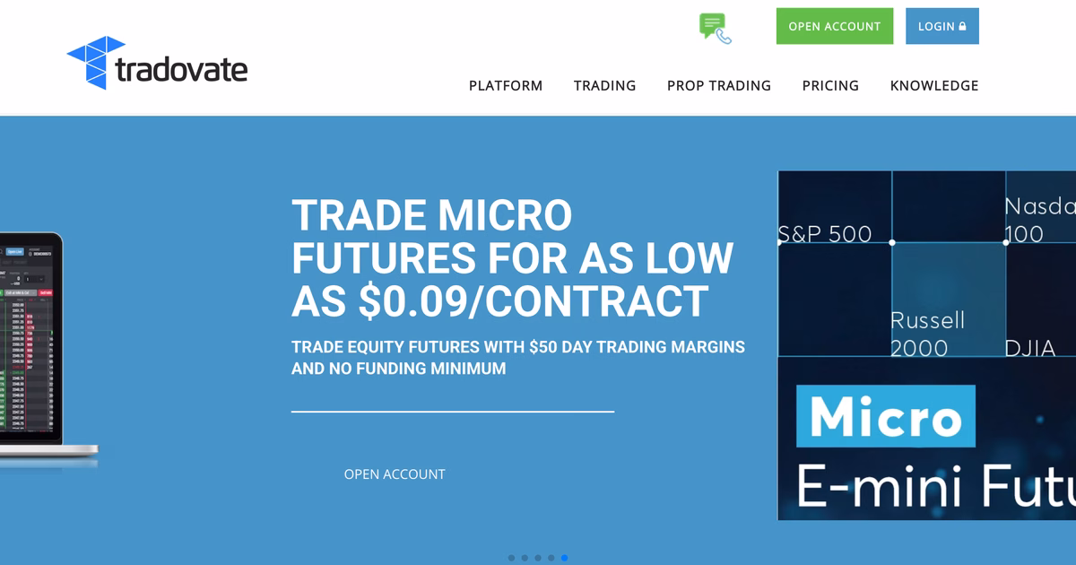 Home page di tradovate.com con il titolo Trade Micro Futures for as low as $0.09/contract e la scritta sui margini intraday da 50 dollari