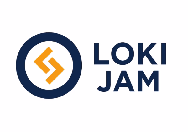 Logo di Loki-Jam, freccia arancione dentro un cerchio blu scuro